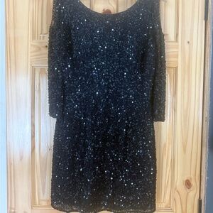 Black Sequin Mini Dress with Scoop Neck